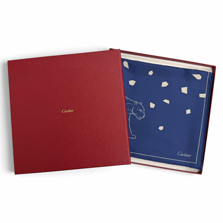 極美品△Cartier カルティエ シルク100％ ノベルティ パンテール スカーフ ハンカチーフ スカーフ ネイビー レディース メンズ 仏製 箱付