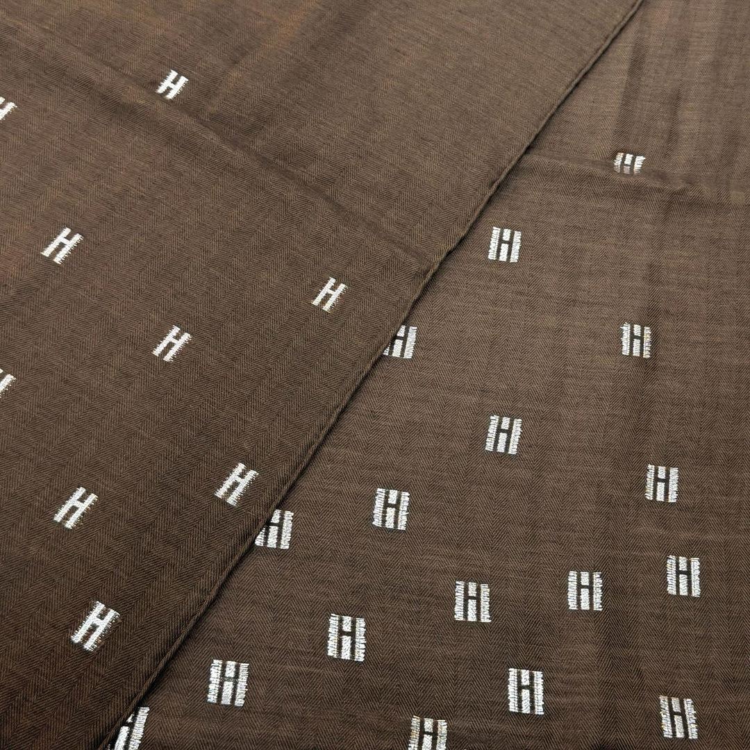 美品★HERMES エルメス シルク カシミヤ混 Hロゴ ショール ストール ブラウン ゴールド フランス製 正規品 レディース