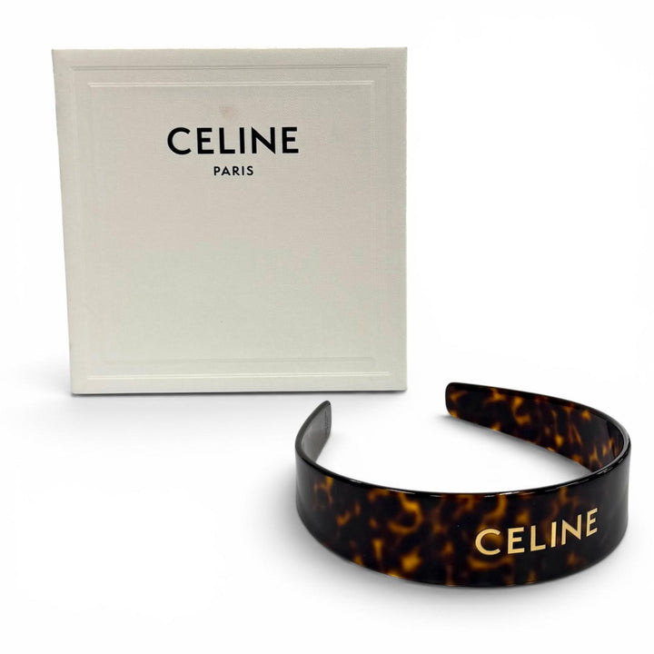 極美品★CELINE セリーヌ 46Y376CEA.19AG 現行品 ロゴデザイン べっ甲柄 ヘアアクセサリー ヘッドバンド カチューシャ ブラウン 箱付き