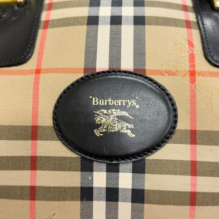 極美品△Burberrys バーバリー ヴィンテージ シャドーホース ノバチェック柄 レザー使い ボストンバッグ 鍵付き ベージュ レディース
