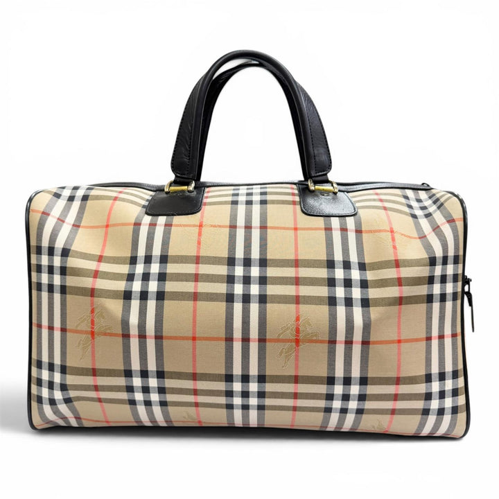 極美品△Burberrys バーバリー ヴィンテージ シャドーホース ノバチェック柄 レザー使い ボストンバッグ 鍵付き ベージュ レディース