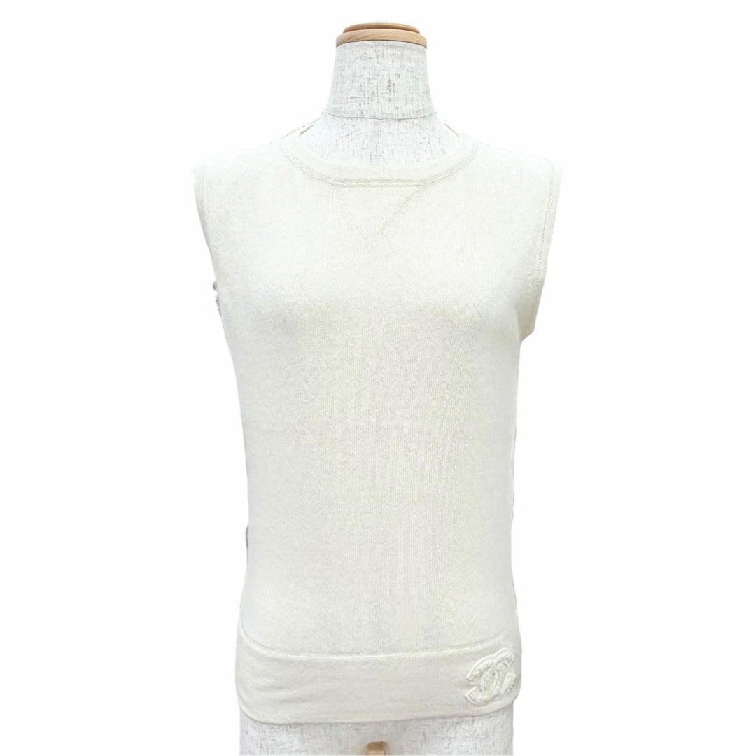 美品△CHANEL シャネル ヴィンテージ 01A P18160 カシミヤ100％ ココマーク ノースリーブニット ベスト アイボリー EU 38 英国製 正規品