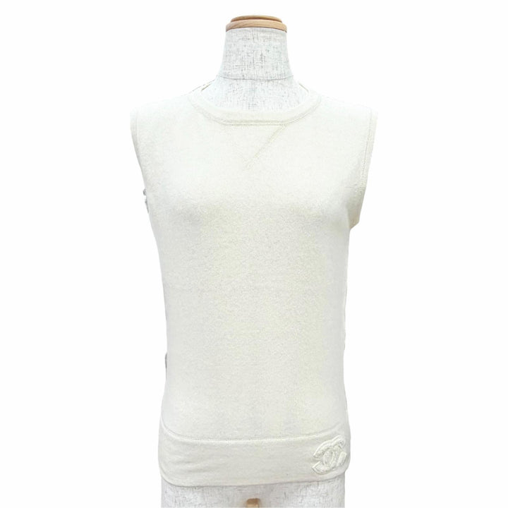 美品△CHANEL シャネル ヴィンテージ 01A P18160 カシミヤ100％ ココマーク ノースリーブニット ベスト アイボリー EU 38 英国製 正規品