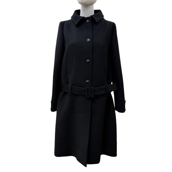 極美品☆PRADA プラダ P644IH S182 バージンウール100％ ベルト付き 2WAY ノーカラー コート ブラック 40 イタリア製 正規品 レディース