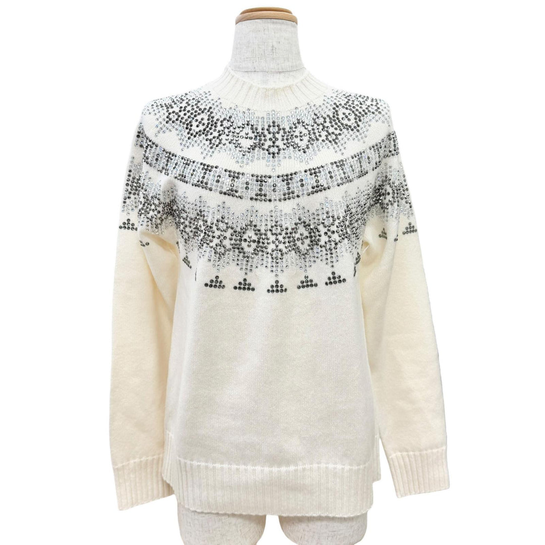 極美品△Max Mara マックスマーラ 2022年 13660823 ウール カシミヤ ラインストーン装飾 長袖 ニット セーター アイボリー S 伊製 正規品