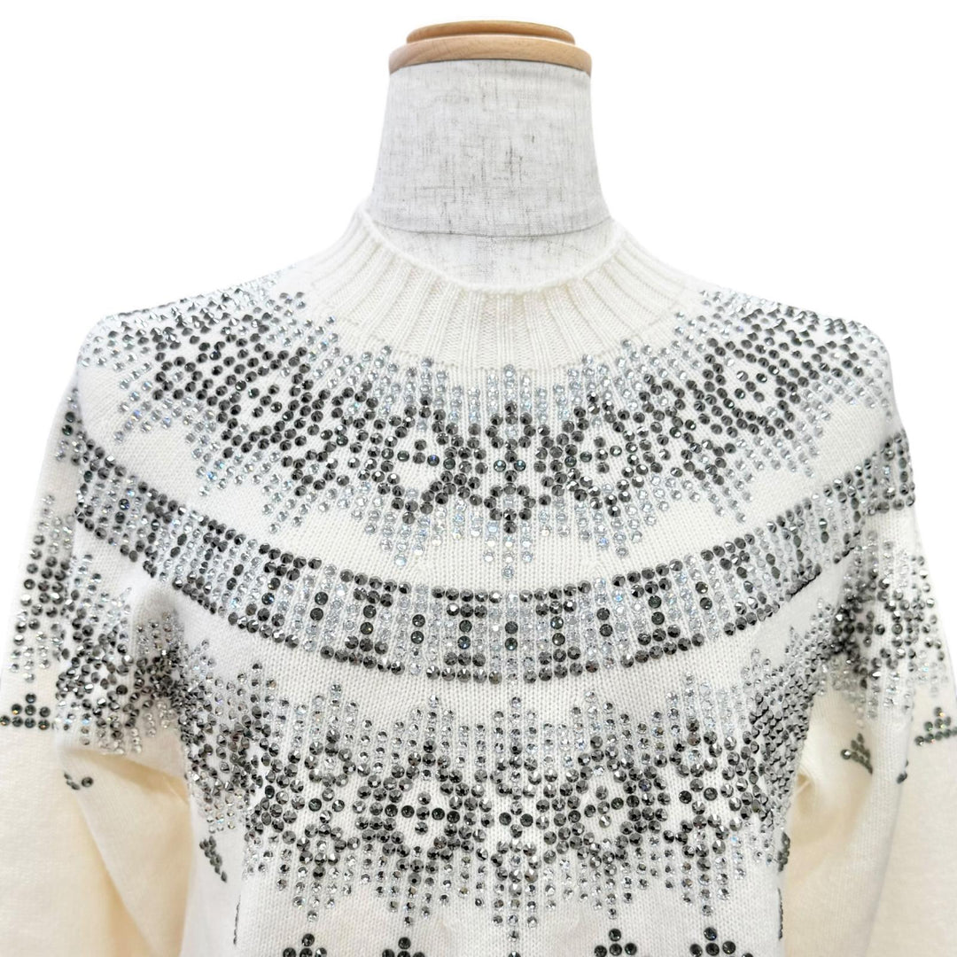 極美品△Max Mara マックスマーラ 2022年 13660823 ウール カシミヤ ラインストーン装飾 長袖 ニット セーター アイボリー S 伊製 正規品
