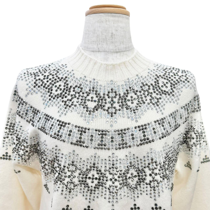 極美品△Max Mara マックスマーラ 2022年 13660823 ウール カシミヤ ラインストーン装飾 長袖 ニット セーター アイボリー S 伊製 正規品