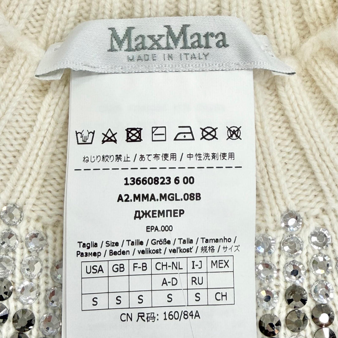 極美品△Max Mara マックスマーラ 2022年 13660823 ウール カシミヤ ラインストーン装飾 長袖 ニット セーター アイボリー S 伊製 正規品