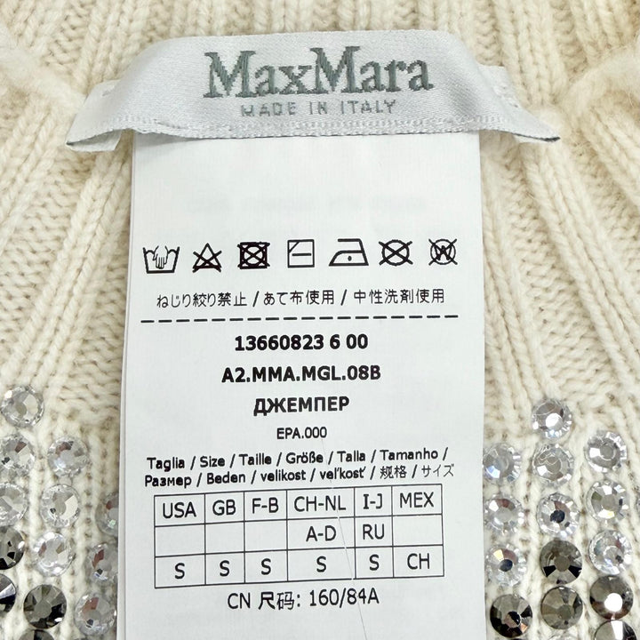 極美品△Max Mara マックスマーラ 2022年 13660823 ウール カシミヤ ラインストーン装飾 長袖 ニット セーター アイボリー S 伊製 正規品