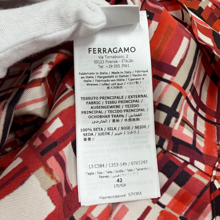 極美品★FERRAGAMO フェラガモ シルク100％ ロゴボタン付 総柄 長袖シャツ トップス マルチ 42 イタリア製 正規品 レディース