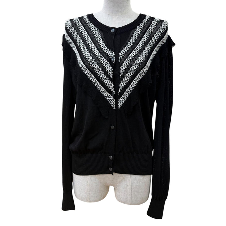 極美品☆CHANEL シャネル 20SS P64337K60204 フロントデザイン 長袖ニット カーディガン トップス ブラック 42 イタリア製 正規品