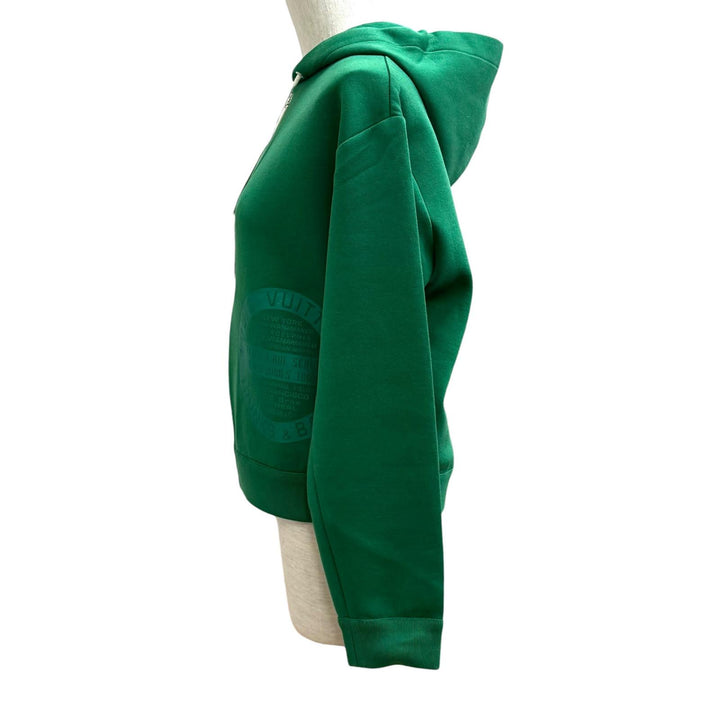 極美品★LOUIS VUITTON ルイヴィトン 裏地シルク100％ LVスタンプ モノグラム ZIP UP パーカー グリーン XS 伊製 正規品 レディース