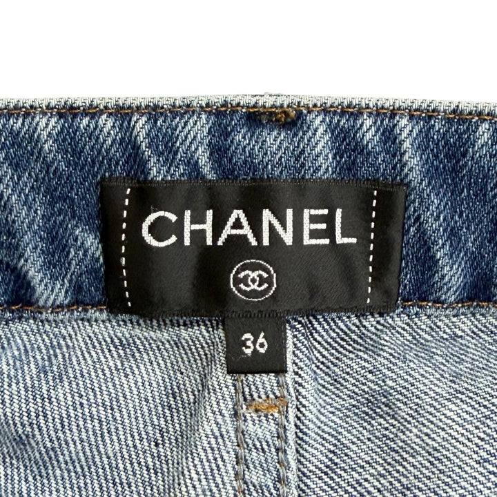 美品△CHANEL シャネル P55668V42002 コットン ペイント加工 ココマーク 裾ジップ スキニー デニムパンツ インディゴブルー 36 正規品