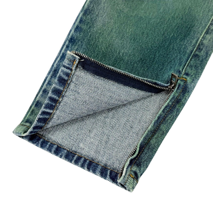 美品△CHANEL シャネル P55668V42002 コットン ペイント加工 ココマーク 裾ジップ スキニー デニムパンツ インディゴブルー 36 正規品