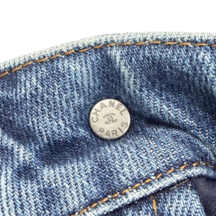 美品△CHANEL シャネル P55668V42002 コットン ペイント加工 ココマーク 裾ジップ スキニー デニムパンツ インディゴブルー 36 正規品