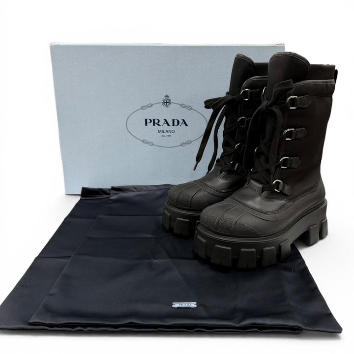 未使用品☆PRADA プラダ 1U363M モノリス ロゴ入り レースアップブーツ ショートブーツ ブラック 36 イタリア製 レディース 保存袋付き
