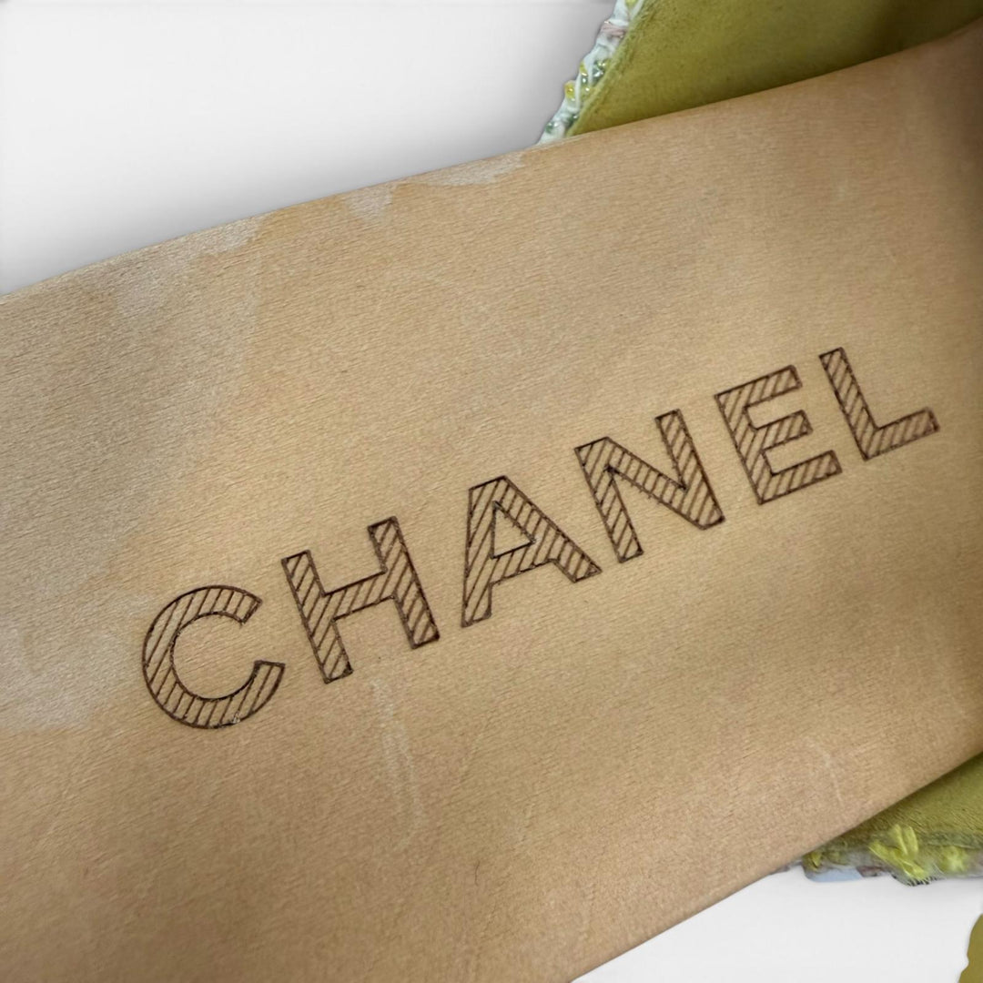 未使用品☆CHANEL シャネル G45389 ココマーク バックストラップ ツイード ウェッジソール サンダル イエロー 35 イタリア製 レディース