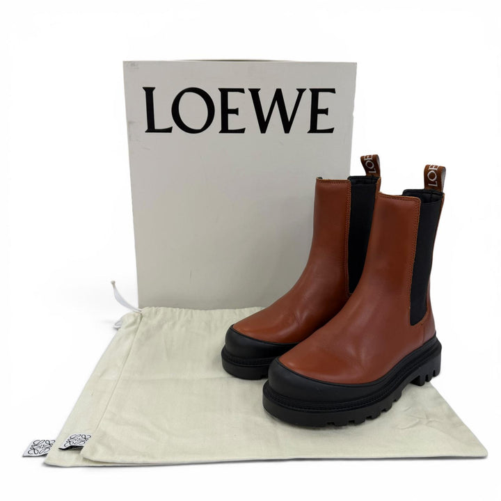 極美品☆LOEWE ロエベ ロゴ入り レザー チェルシーブーツ サイドゴアブーツ ショートブーツ ブラウン系 35 伊製 レディース 箱・保存袋付