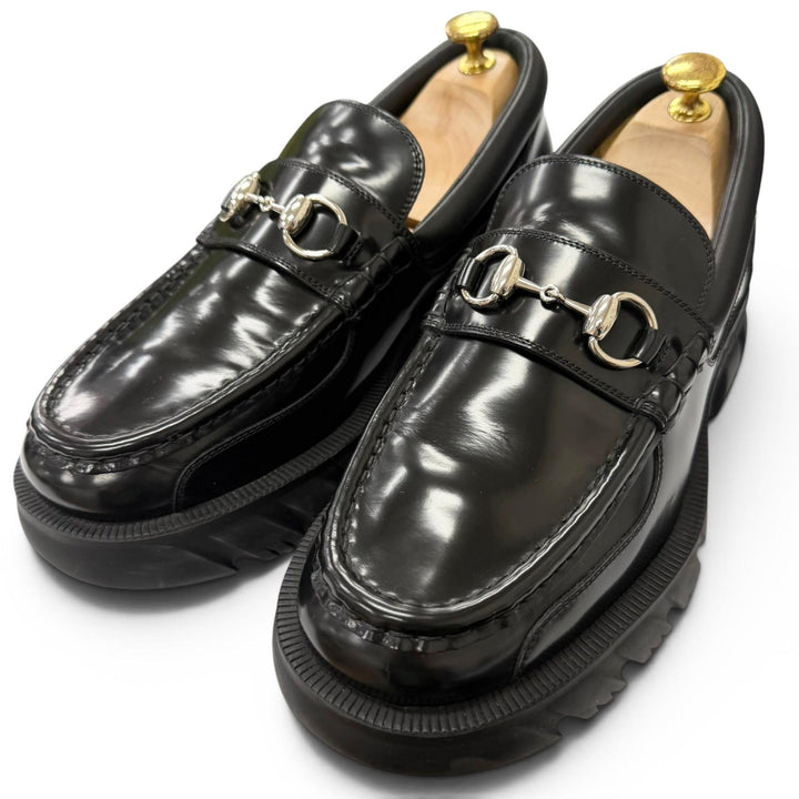 美品□GUCCI グッチ 658822 レザー ホースビット シルバー金具 厚底 ローファー ブラック 7.5 イタリア製 メンズ 箱・保存袋付き