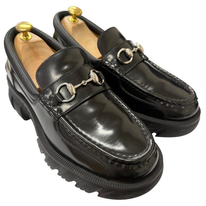 美品□GUCCI グッチ 658822 レザー ホースビット シルバー金具 厚底 ローファー ブラック 7.5 イタリア製 メンズ 箱・保存袋付き
