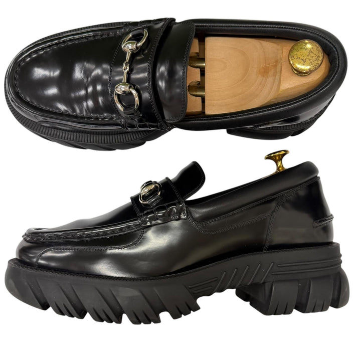 美品□GUCCI グッチ 658822 レザー ホースビット シルバー金具 厚底 ローファー ブラック 7.5 イタリア製 メンズ 箱・保存袋付き