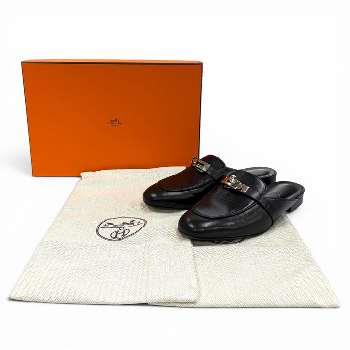 美品★HERMES エルメス H212295Z 01390 オズ シェーブル シルバー金具 ケリーバックル ミュール ブラック 35.5 伊製 箱・保存袋付き