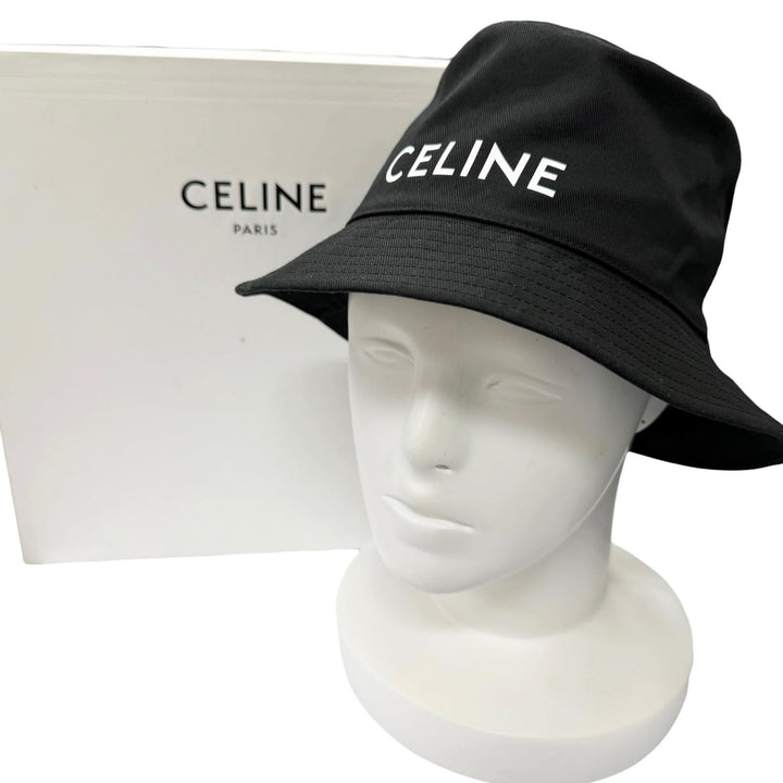 美品□CELINE セリーヌ 2AU5B968P ロゴプリント コットンギャバジン バケットハット 帽子 ブラック S フランス製 正規品 メンズ 箱付き