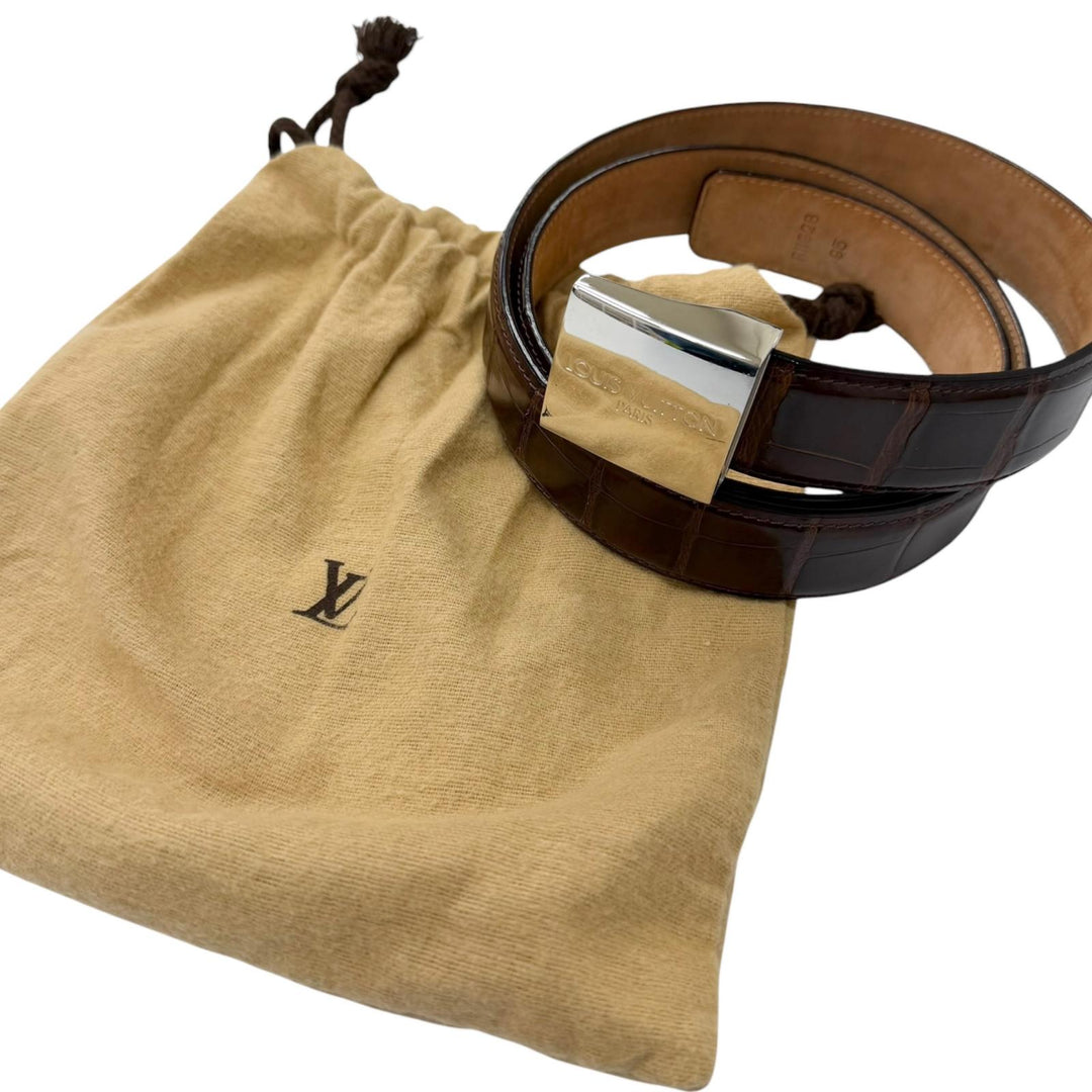 美品□LOUIS VUITTON ルイヴィトン アリゲーター サンチュール シルバーロゴバックル レザーベルト ブラウン 95 フランス製 保存袋付き