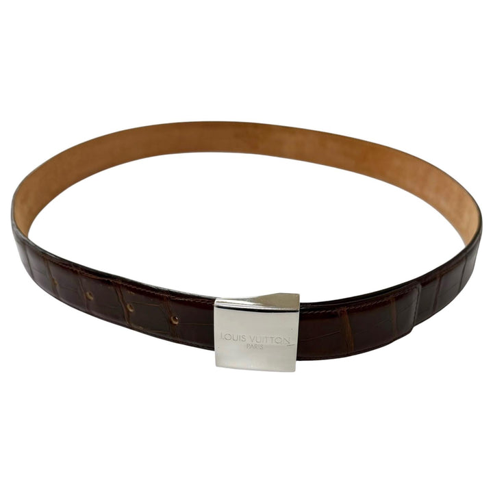 美品□LOUIS VUITTON ルイヴィトン アリゲーター サンチュール シルバーロゴバックル レザーベルト ブラウン 95 フランス製 保存袋付き