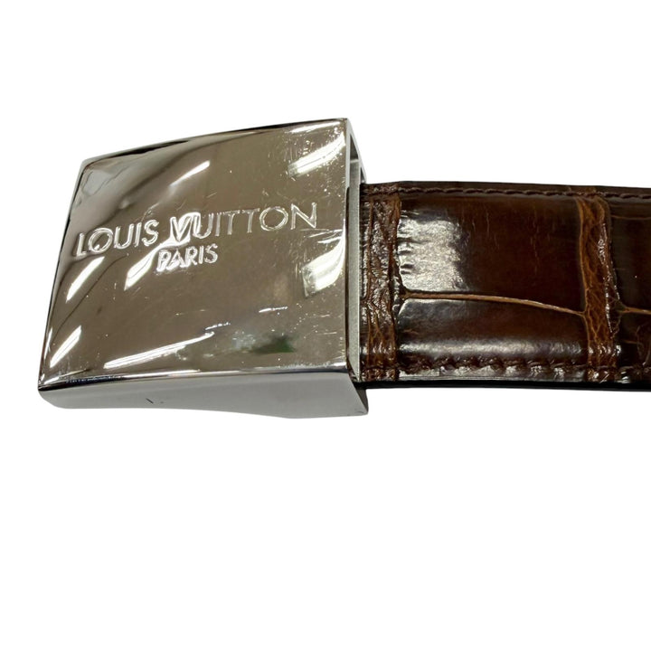 美品□LOUIS VUITTON ルイヴィトン アリゲーター サンチュール シルバーロゴバックル レザーベルト ブラウン 95 フランス製 保存袋付き