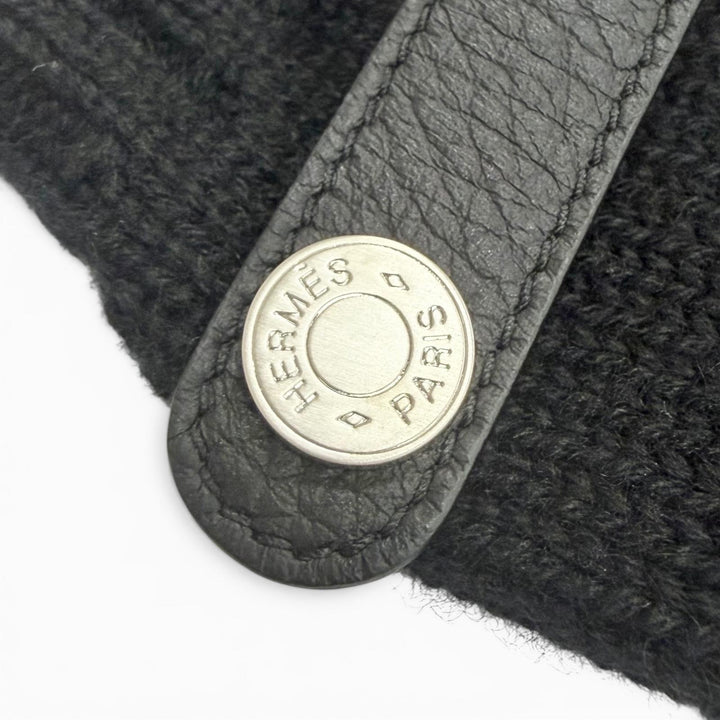 極美品△HERMES エルメス リオネル カシミヤ100％ セリエボタン ディアスキン レザー使い ニット グローブ 手袋 ミトン ブラック M 伊製