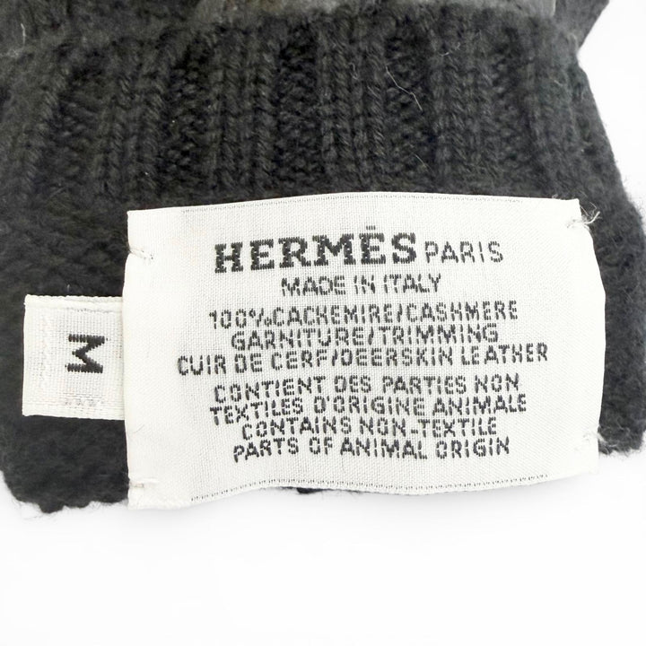 極美品△HERMES エルメス リオネル カシミヤ100％ セリエボタン ディアスキン レザー使い ニット グローブ 手袋 ミトン ブラック M 伊製