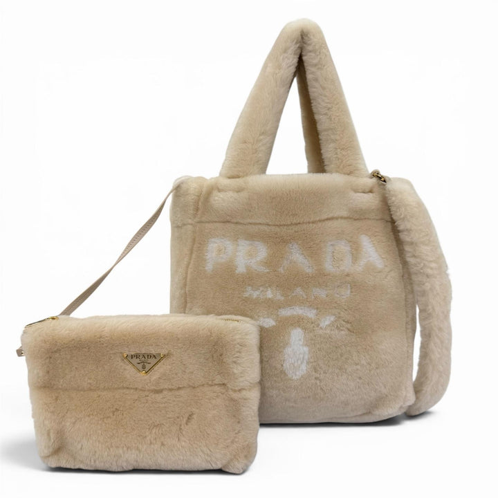 極美品☆PRADA プラダ 1BG447 テリー シアリングトート シープスキン トライアングルロゴ ポーチ付 2WAY ショルダーバッグ ベージュ 伊製