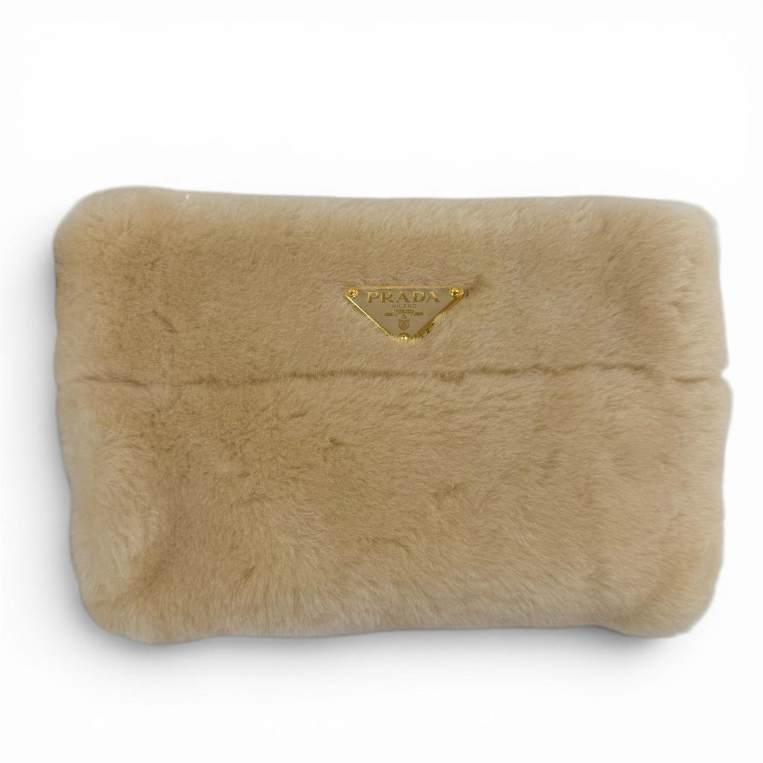 極美品☆PRADA プラダ 1BG447 テリー シアリングトート シープスキン トライアングルロゴ ポーチ付 2WAY ショルダーバッグ ベージュ 伊製
