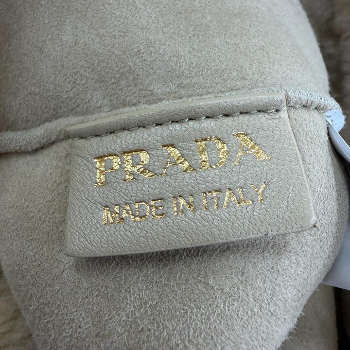 極美品☆PRADA プラダ 1BG447 テリー シアリングトート シープスキン トライアングルロゴ ポーチ付 2WAY ショルダーバッグ ベージュ 伊製