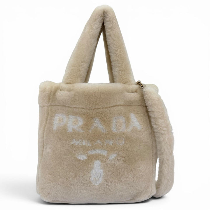 極美品☆PRADA プラダ 1BG447 テリー シアリングトート シープスキン トライアングルロゴ ポーチ付 2WAY ショルダーバッグ ベージュ 伊製
