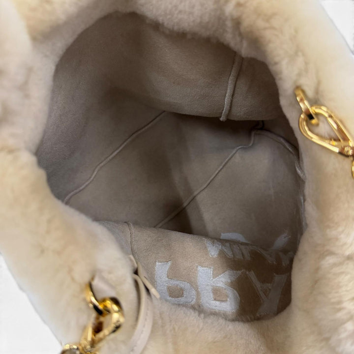 極美品☆PRADA プラダ 1BG447 テリー シアリングトート シープスキン トライアングルロゴ ポーチ付 2WAY ショルダーバッグ ベージュ 伊製
