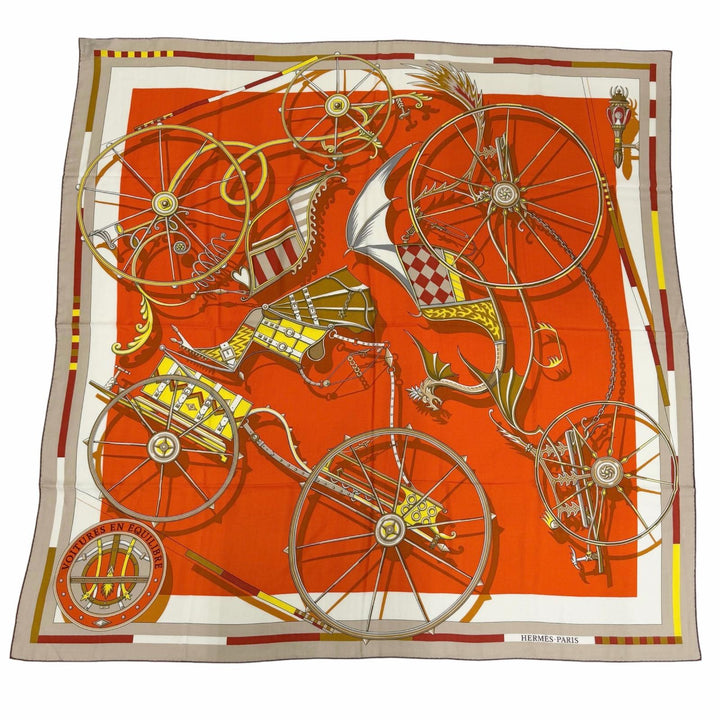 未使用品☆HERMES エルメス カレジェアン カレ140 VOITURES EN RQUILIBRE カシミヤ シルク ブラン/オレンジ/ジョーヌ スカーフ 箱付き