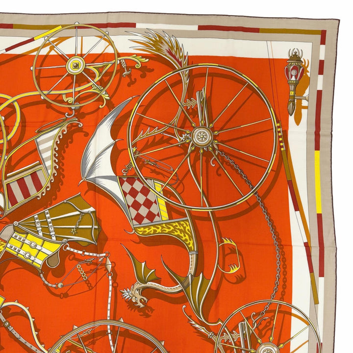 未使用品☆HERMES エルメス カレジェアン カレ140 VOITURES EN RQUILIBRE カシミヤ シルク ブラン/オレンジ/ジョーヌ スカーフ 箱付き