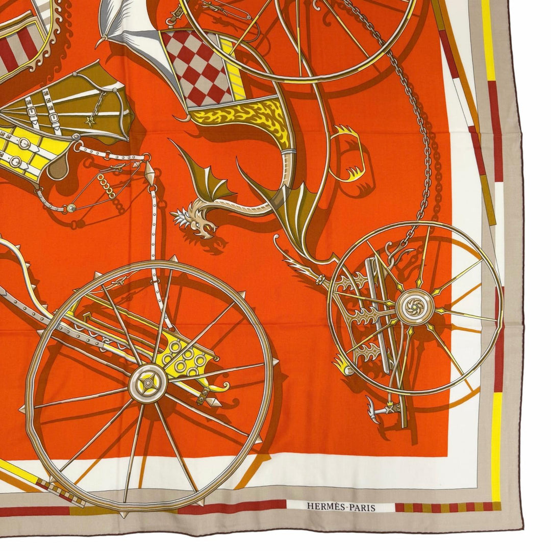 未使用品☆HERMES エルメス カレジェアン カレ140 VOITURES EN RQUILIBRE カシミヤ シルク ブラン/オレンジ/ジョーヌ スカーフ 箱付き