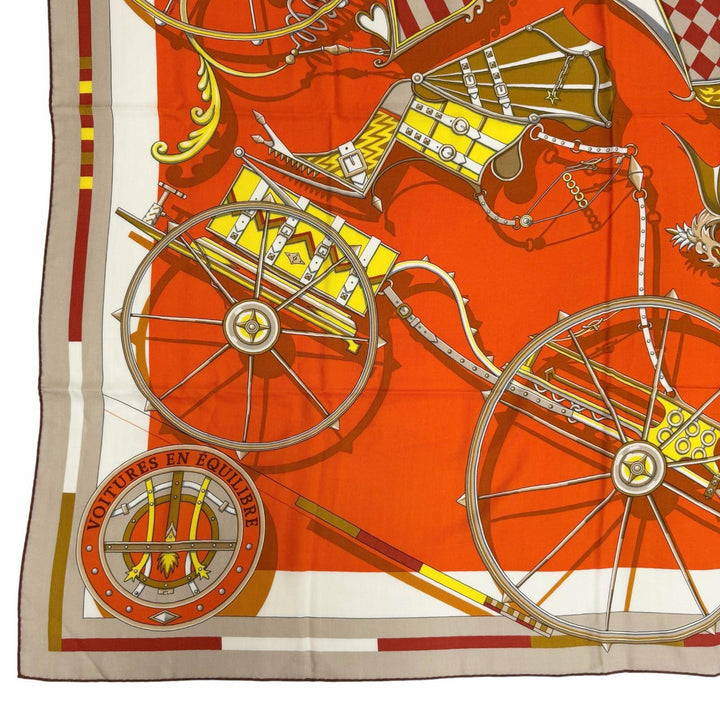 未使用品☆HERMES エルメス カレジェアン カレ140 VOITURES EN RQUILIBRE カシミヤ シルク ブラン/オレンジ/ジョーヌ スカーフ 箱付き