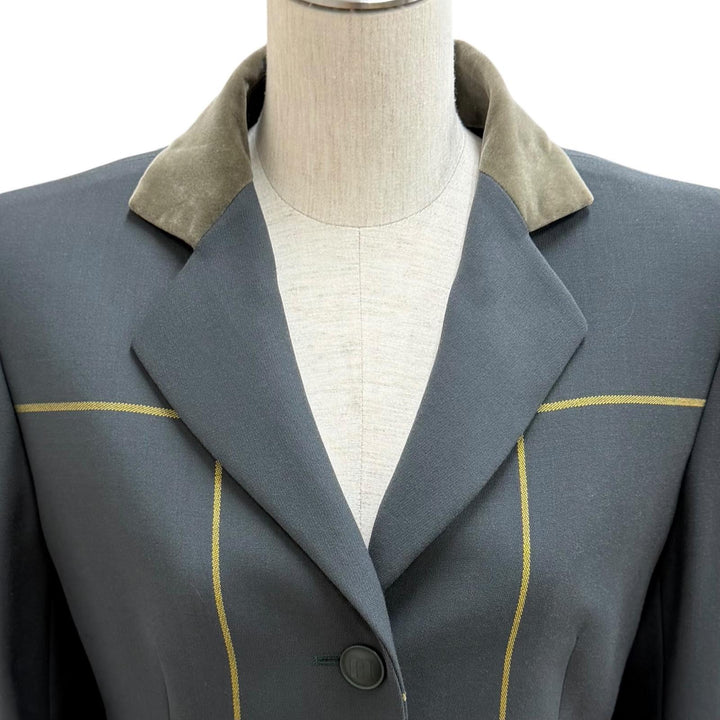 極美品★HERMES エルメス ヴィンテージ ウール100％ ロゴボタン ベロア使い ロングジャケット チャコールグレー 38 仏製 レディース