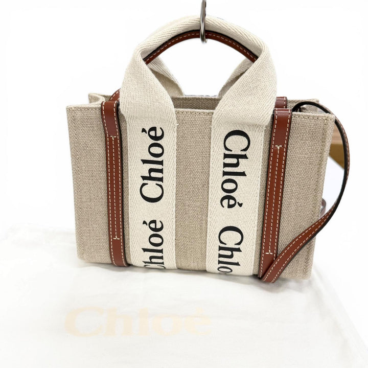 極美品△Chloe クロエ CHC22AP237I2690U Woody ウッディ ミニ トートバッグ リネン カーフレザー ロゴ ショルダーバッグ ベージュ 袋付