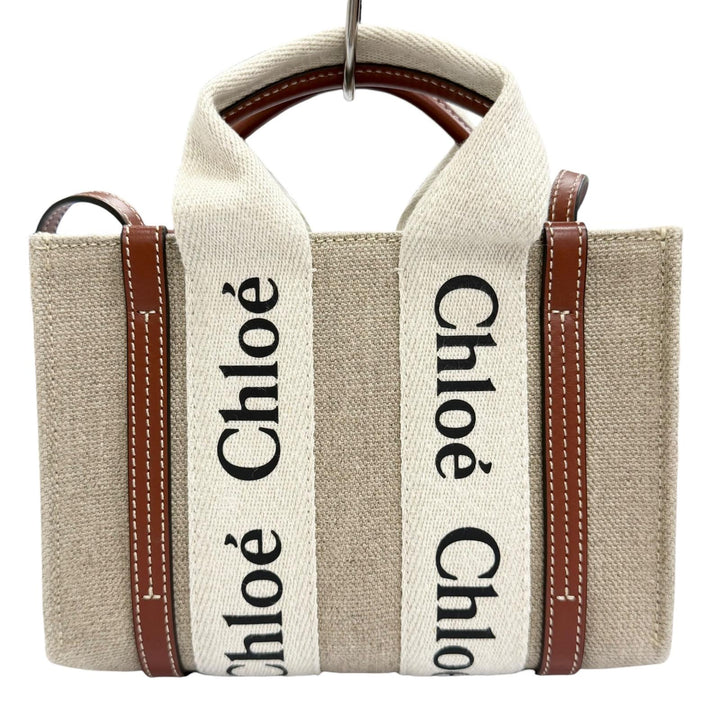極美品△Chloe クロエ CHC22AP237I2690U Woody ウッディ ミニ トートバッグ リネン カーフレザー ロゴ ショルダーバッグ ベージュ 袋付