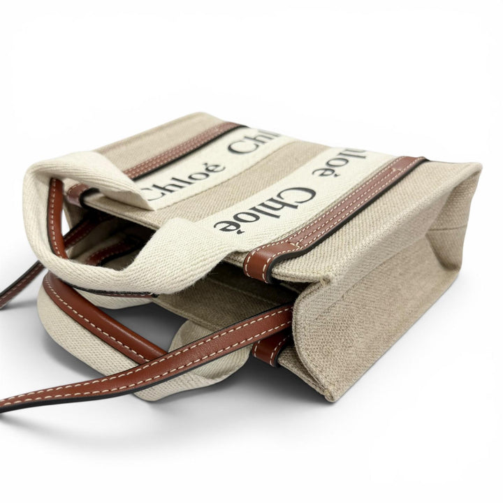 極美品△Chloe クロエ CHC22AP237I2690U Woody ウッディ ミニ トートバッグ リネン カーフレザー ロゴ ショルダーバッグ ベージュ 袋付