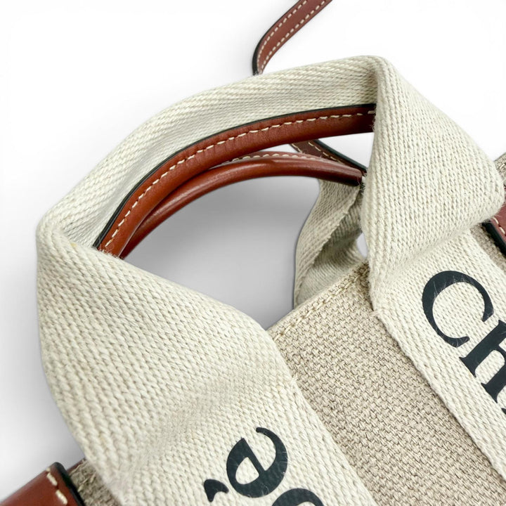 極美品△Chloe クロエ CHC22AP237I2690U Woody ウッディ ミニ トートバッグ リネン カーフレザー ロゴ ショルダーバッグ ベージュ 袋付