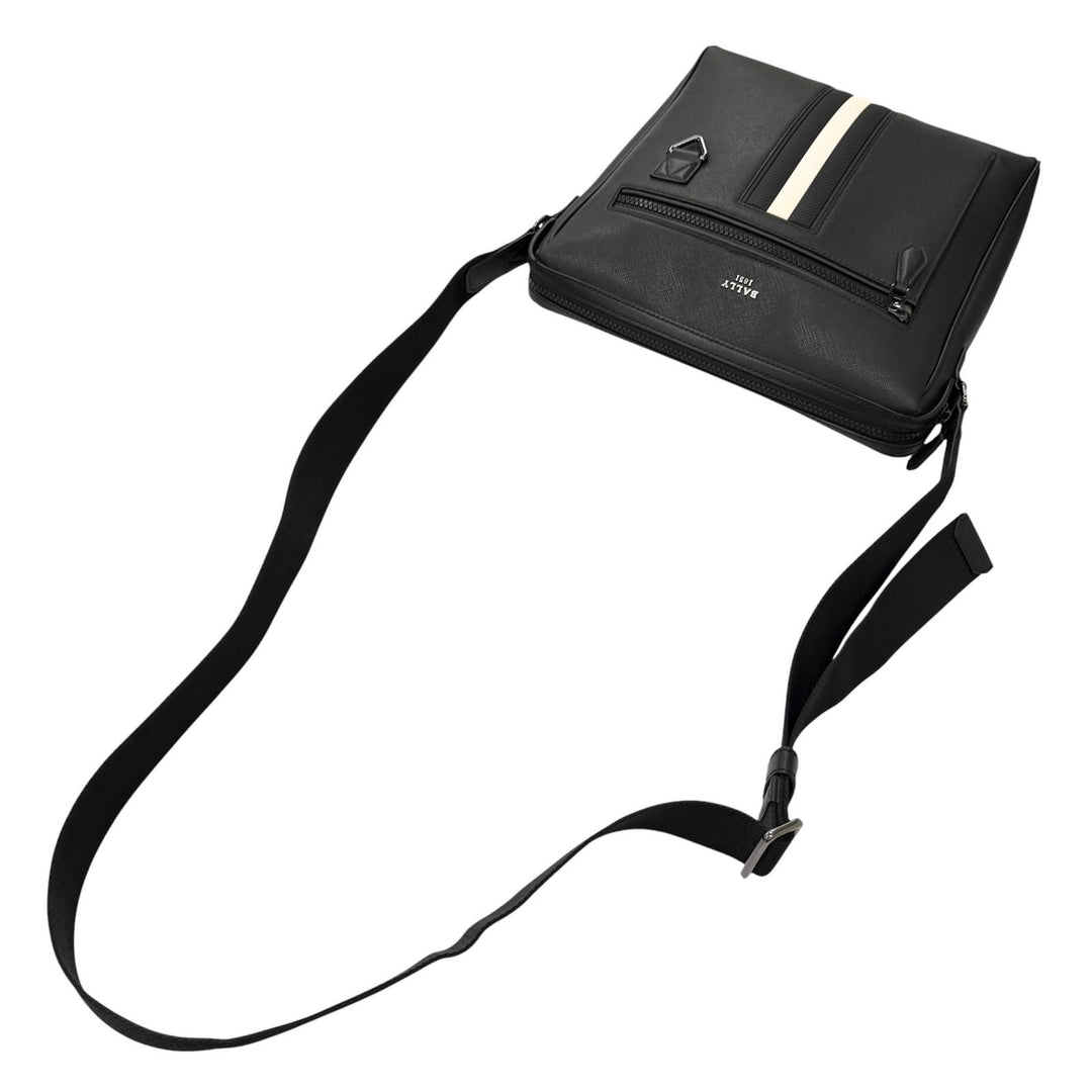 極美品□BALLY バリー MECOY メコイ バリーストライプ ボヴィンレザー ロゴ入り クロスボディバッグ ショルダーバッグ ブラック メンズ