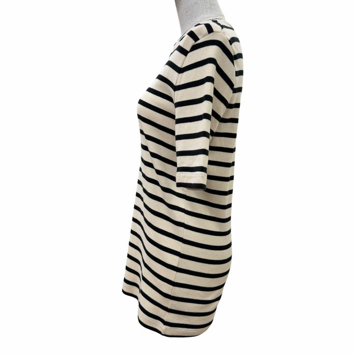 美品☆JIL SANDER+ ジルサンダープラス JPPU707524 コットン100％ ロゴ入り ボーダー柄 半袖 トップス アイボリー ブラック L レディース