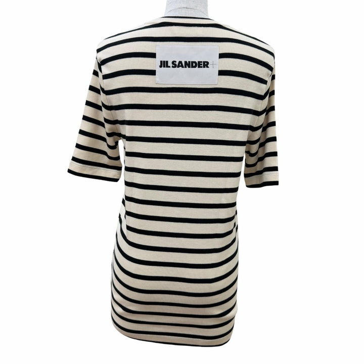 美品☆JIL SANDER+ ジルサンダープラス JPPU707524 コットン100％ ロゴ入り ボーダー柄 半袖 トップス アイボリー ブラック L レディース