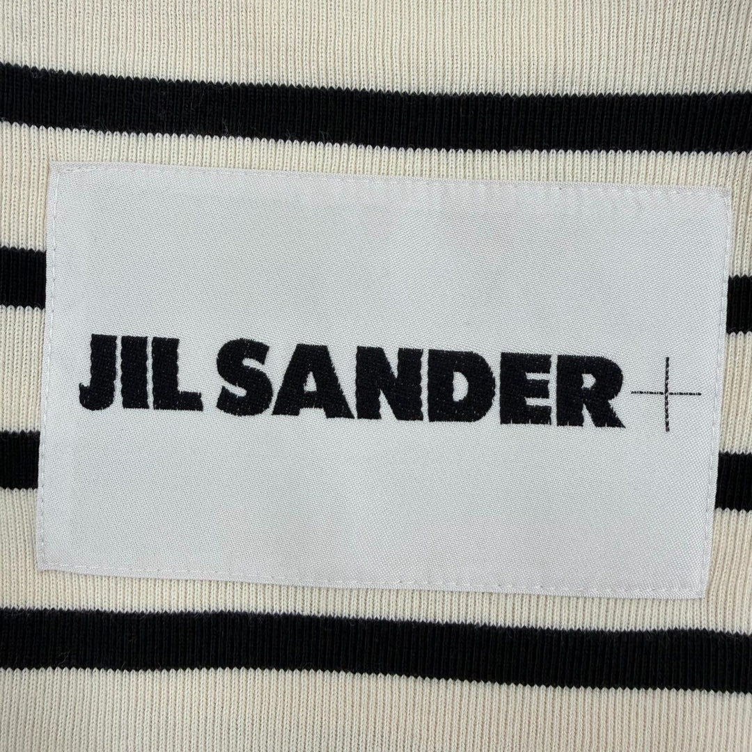 美品☆JIL SANDER+ ジルサンダープラス JPPU707524 コットン100％ ロゴ入り ボーダー柄 半袖 トップス アイボリー ブラック L レディース